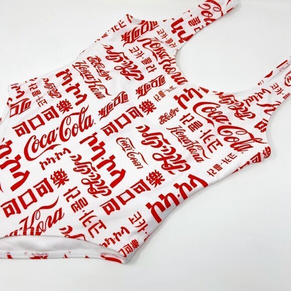 COCA COLA | Logo Global Languages White & Red Scoop Neck Swimsuit - Picture 5 of 8